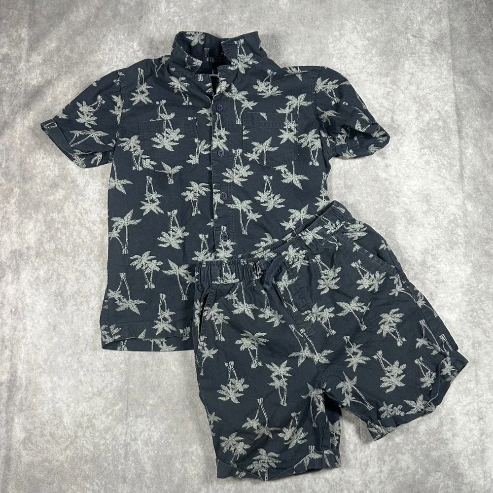 Tommy Bahama Boys 2 Piece Set Shirt and Shorts Palm Tree Navy Blue Size M 7/8